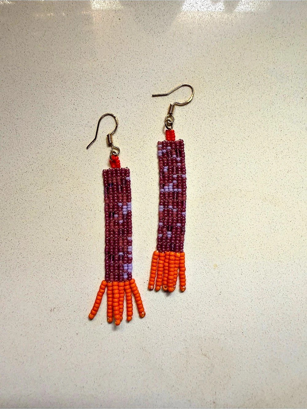 Handmade Beaded Fringe Earrings in Purple & Orange